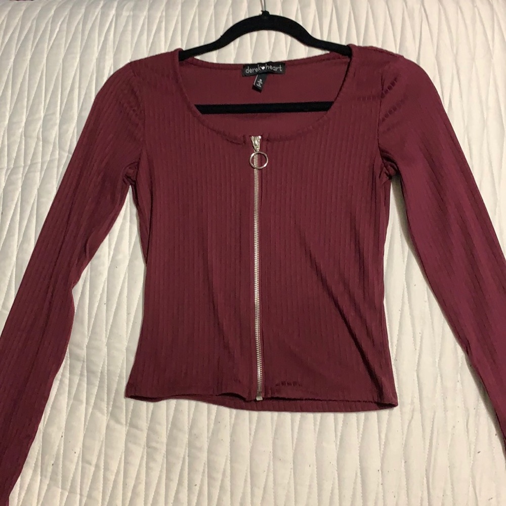 Burgundy long sleeve zip up shirt